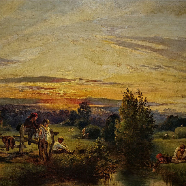 Antique American Pastoral Sunset Oil Painting, 19th Century Golden Landscape Artwork, Framed Wall Art Farmhouse Decor, Classic Country Scene