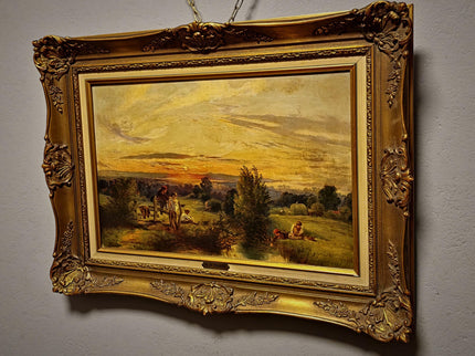 Antique American Pastoral Sunset Oil Painting, 19th Century Golden Landscape Artwork, Framed Wall Art Farmhouse Decor, Classic Country Scene