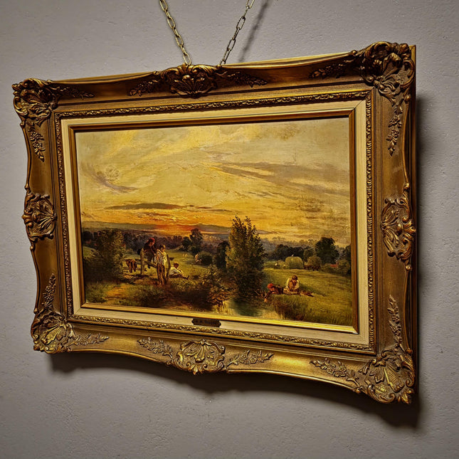 Antique American Pastoral Sunset Oil Painting, 19th Century Golden Landscape Artwork, Framed Wall Art Farmhouse Decor, Classic Country Scene
