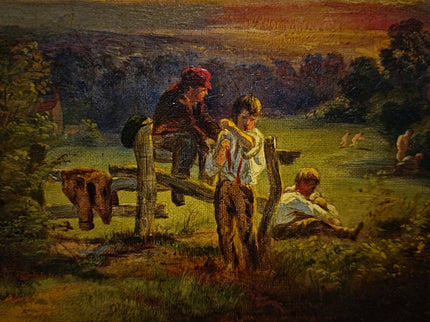 Antique American Pastoral Sunset Oil Painting, 19th Century Golden Landscape Artwork, Framed Wall Art Farmhouse Decor, Classic Country Scene