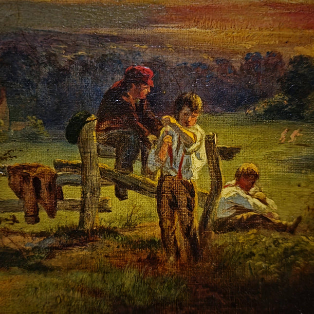 Antique American Pastoral Sunset Oil Painting, 19th Century Golden Landscape Artwork, Framed Wall Art Farmhouse Decor, Classic Country Scene