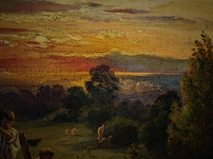 Antique American Pastoral Sunset Oil Painting, 19th Century Golden Landscape Artwork, Framed Wall Art Farmhouse Decor, Classic Country Scene