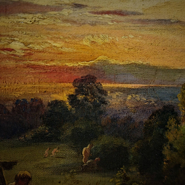 Antique American Pastoral Sunset Oil Painting, 19th Century Golden Landscape Artwork, Framed Wall Art Farmhouse Decor, Classic Country Scene