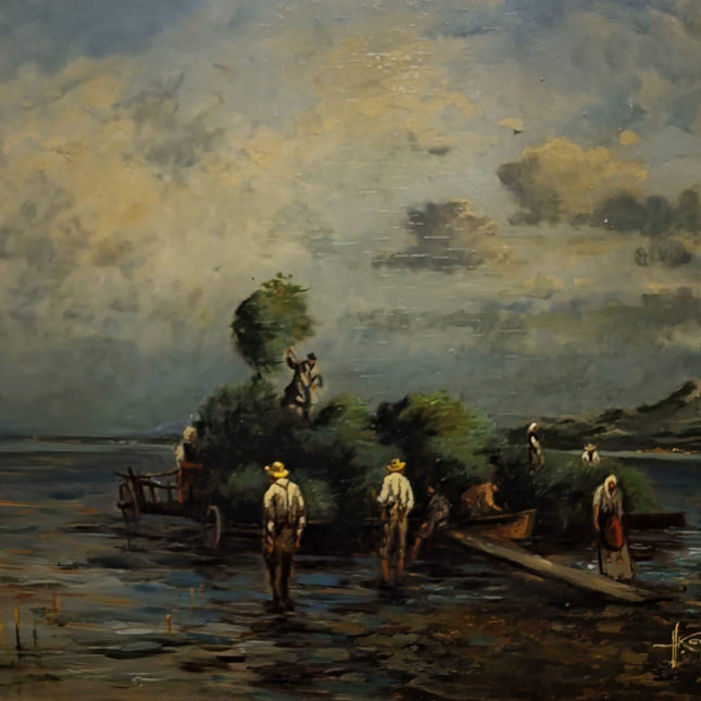 Vintage German Lake Scene Oil Painting, Rustic Countryside Artwork, Moody Landscape Wall Art, Framed European Decor