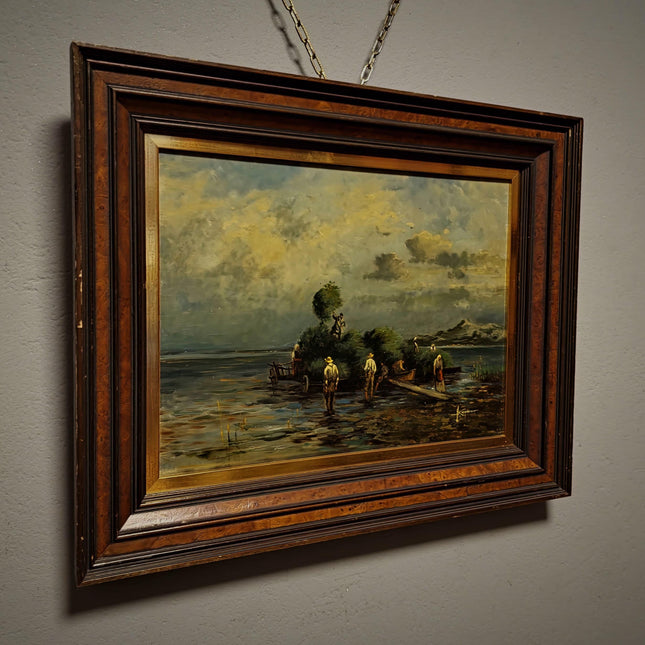 Vintage German Lake Scene Oil Painting, Rustic Countryside Artwork, Moody Landscape Wall Art, Framed European Decor