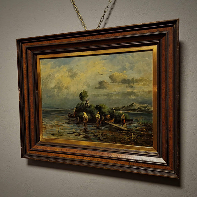 Vintage German Lake Scene Oil Painting, Rustic Countryside Artwork, Moody Landscape Wall Art, Framed European Decor