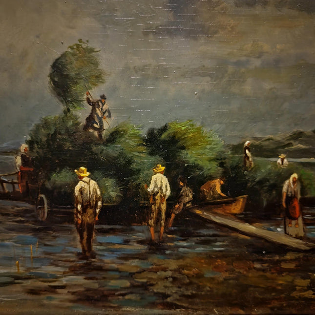 Vintage German Lake Scene Oil Painting, Rustic Countryside Artwork, Moody Landscape Wall Art, Framed European Decor