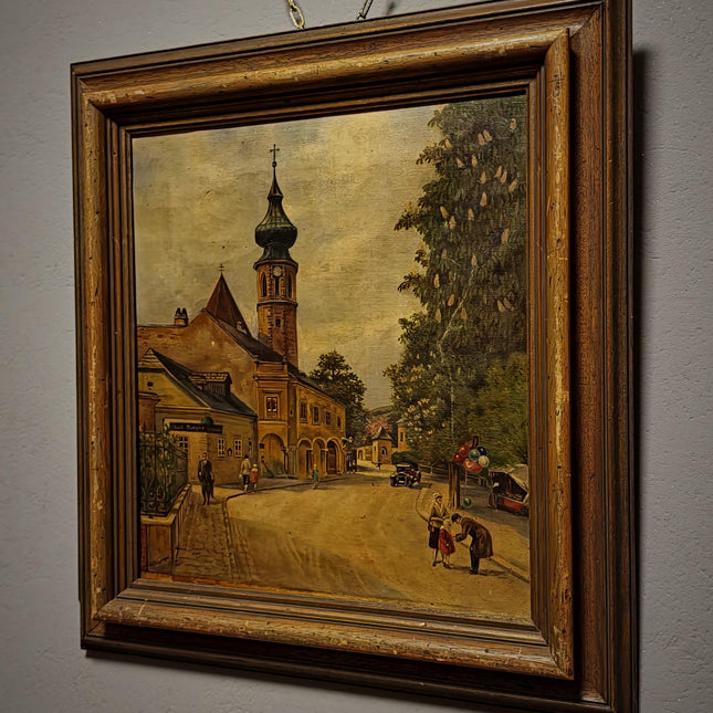 Antique Cityscape Oil Painting, Signed Original Architecture Artwork, Framed Wall Decor, Vintage European Street Scene, Fine Landscape