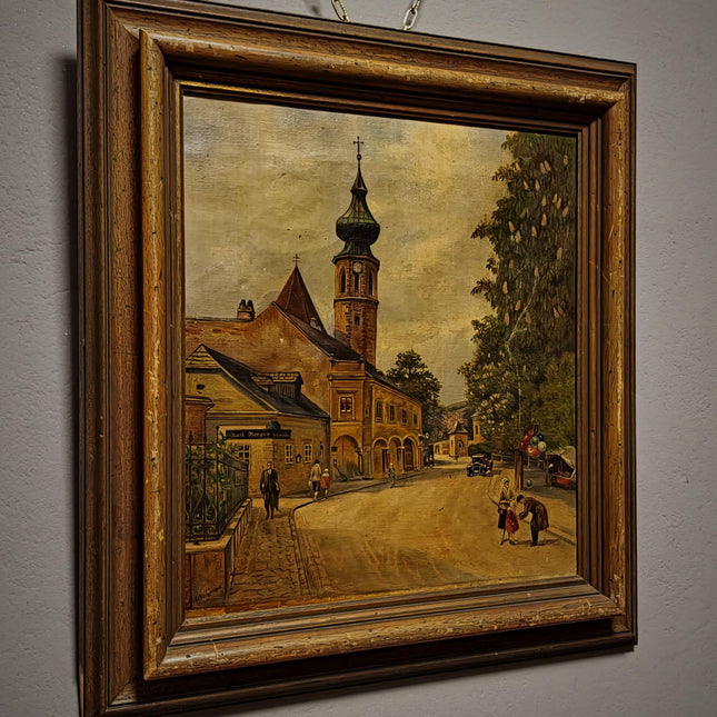 Antique Cityscape Oil Painting, Signed Original Architecture Artwork, Framed Wall Decor, Vintage European Street Scene, Fine Landscape