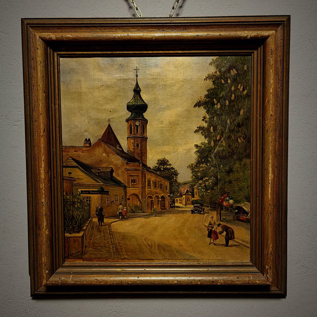 Antique Cityscape Oil Painting, Signed Original Architecture Artwork, Framed Wall Decor, Vintage European Street Scene, Fine Landscape