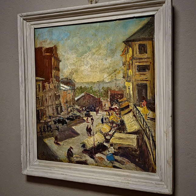 Vintage Spanish Street Scene Oil Painting, Mediterranean Market Artwork, European Cityscape, Café Wall Art, Framed Urban Decor