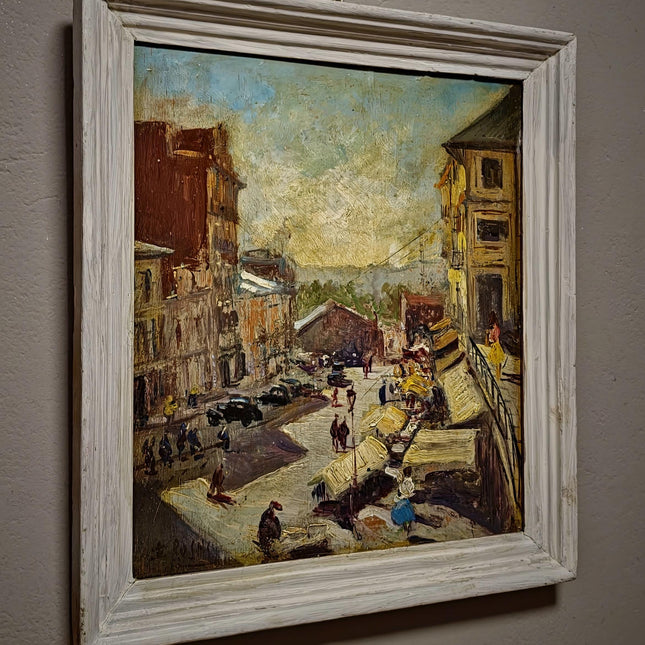 Vintage Spanish Street Scene Oil Painting, Mediterranean Market Artwork, European Cityscape, Café Wall Art, Framed Urban Decor