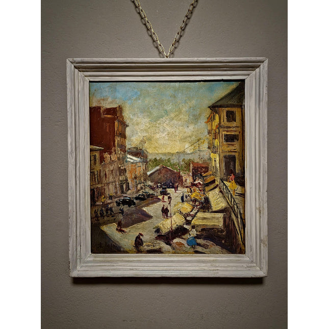 Vintage Spanish Street Scene Oil Painting, Mediterranean Market Artwork, European Cityscape, Café Wall Art, Framed Urban Decor
