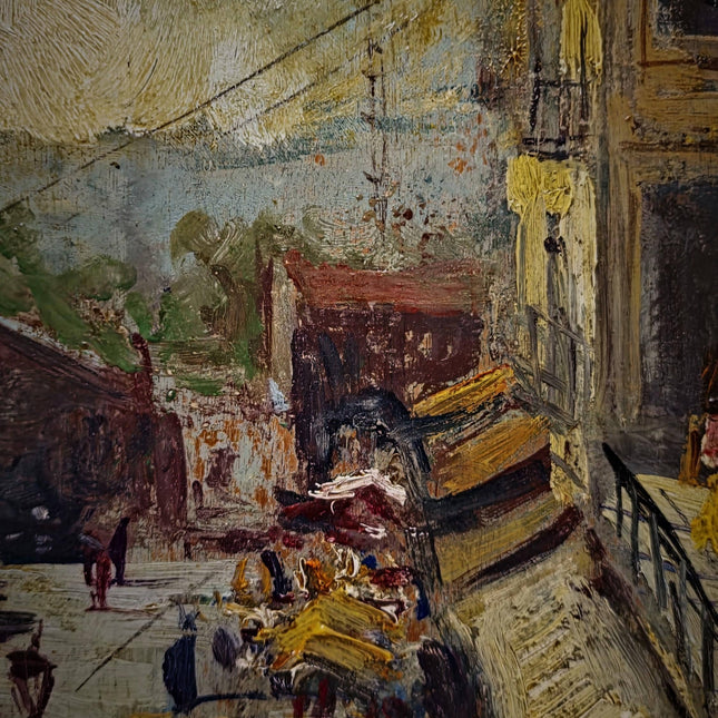 Vintage Spanish Street Scene Oil Painting, Mediterranean Market Artwork, European Cityscape, Café Wall Art, Framed Urban Decor