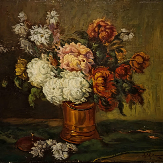 Antique Floral Still Life Oil Painting, Signed Chrysanthemum Artwork, Original European Fine Art, Cottagecore Wall Decor, Dark Academia