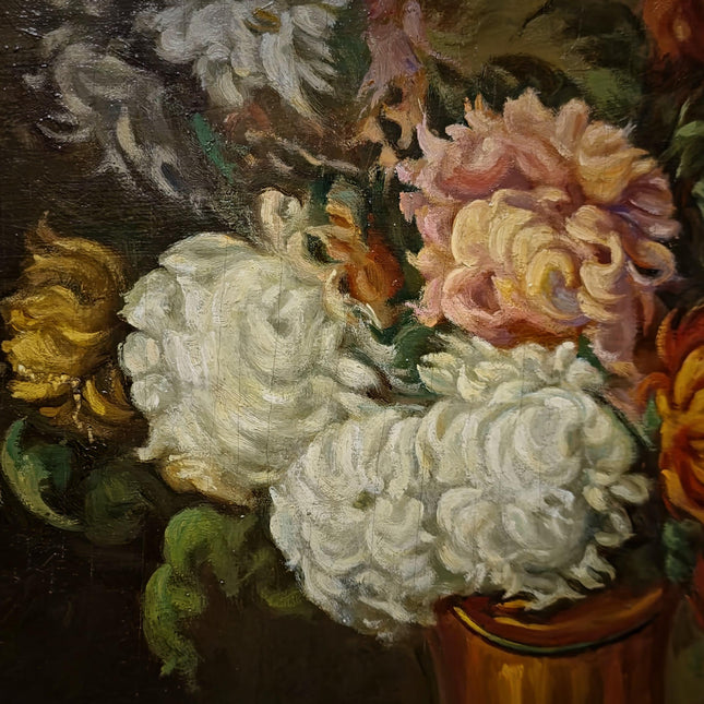 Antique Floral Still Life Oil Painting, Signed Chrysanthemum Artwork, Original European Fine Art, Cottagecore Wall Decor, Dark Academia