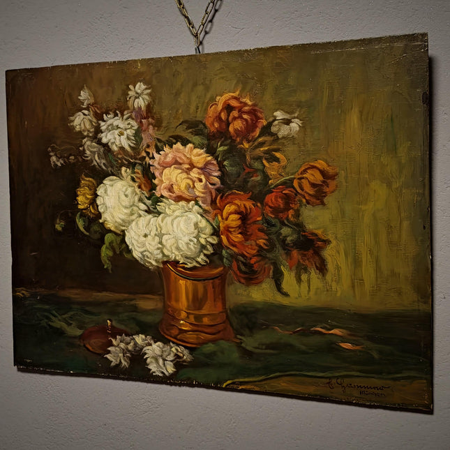 Antique Floral Still Life Oil Painting, Signed Chrysanthemum Artwork, Original European Fine Art, Cottagecore Wall Decor, Dark Academia