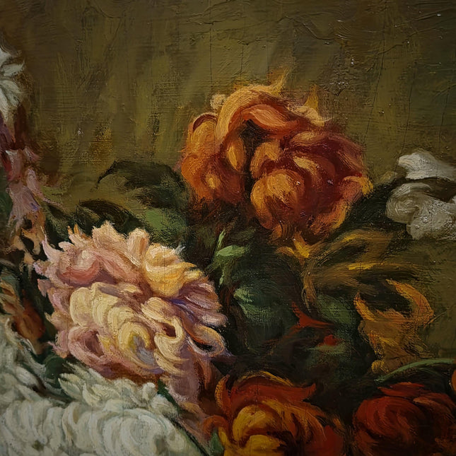 Antique Floral Still Life Oil Painting, Signed Chrysanthemum Artwork, Original European Fine Art, Cottagecore Wall Decor, Dark Academia