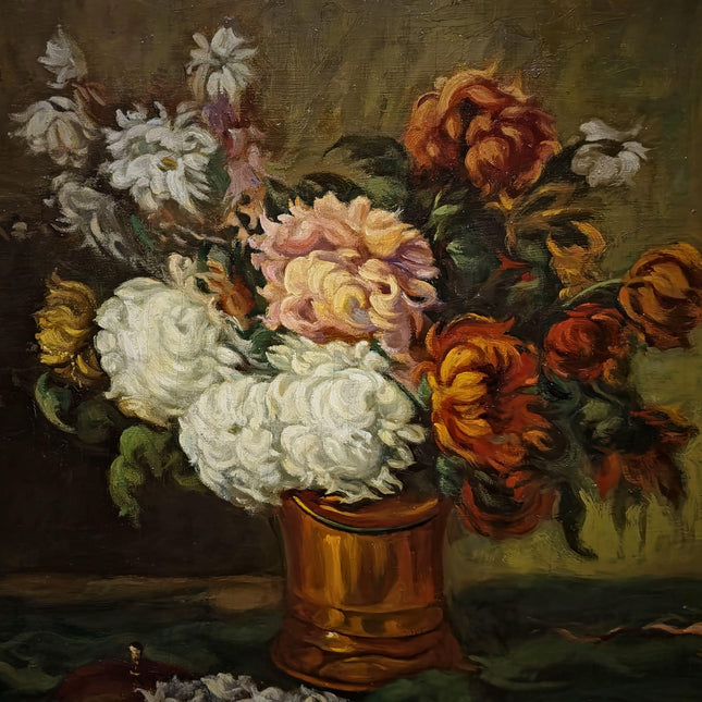 Antique Floral Still Life Oil Painting, Signed Chrysanthemum Artwork, Original European Fine Art, Cottagecore Wall Decor, Dark Academia