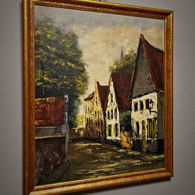 Vintage German Cityscape Oil Painting, Signed European Street Scene Artwork, Mid Century Wall Decor, Framed Urban Landscape, Dark Academia