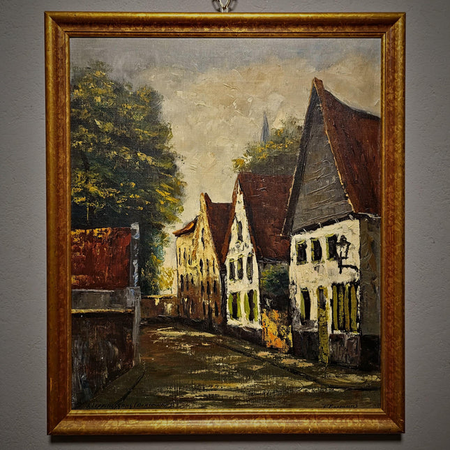 Vintage German Cityscape Oil Painting, Signed European Street Scene Artwork, Mid Century Wall Decor, Framed Urban Landscape, Dark Academia