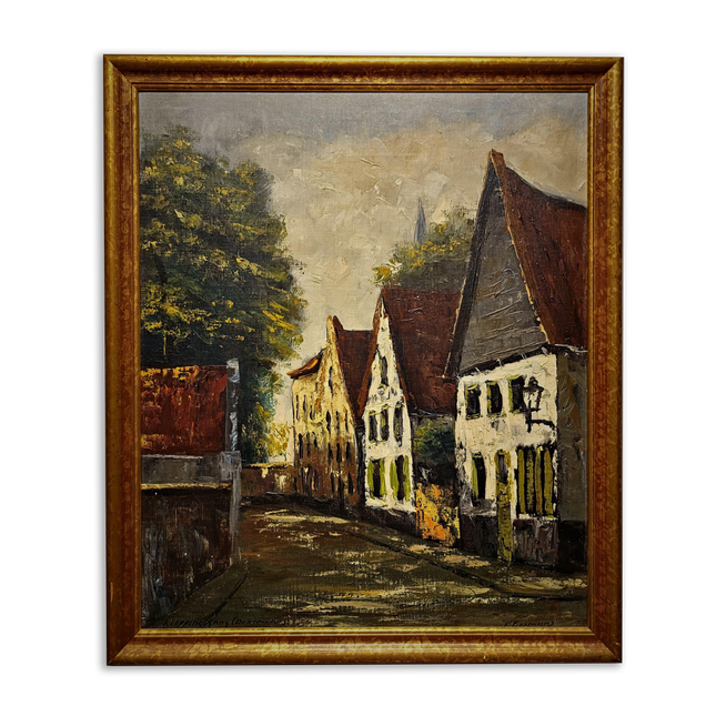 Vintage German Cityscape Oil Painting, Signed European Street Scene Artwork, Mid Century Wall Decor, Framed Urban Landscape, Dark Academia
