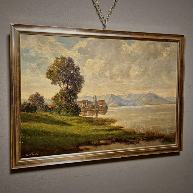 Large Vintage Alpine Lake Oil Painting, Original European Mountain Landscape, Framed Wall Art, Old World Decor, Atmospheric Fine Art