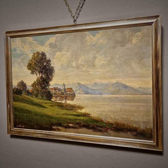 Large Vintage Alpine Lake Oil Painting, Original European Mountain Landscape, Framed Wall Art, Old World Decor, Atmospheric Fine Art