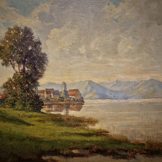Large Vintage Alpine Lake Oil Painting, Original European Mountain Landscape, Framed Wall Art, Old World Decor, Atmospheric Fine Art
