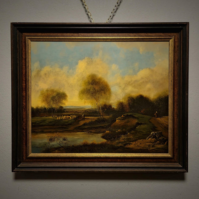 Vintage Dutch Pastoral Landscape Oil Painting, Signed Sheep Countryside Artwork, Rustic Wall Art, Collectible Framed Farmhouse Decor