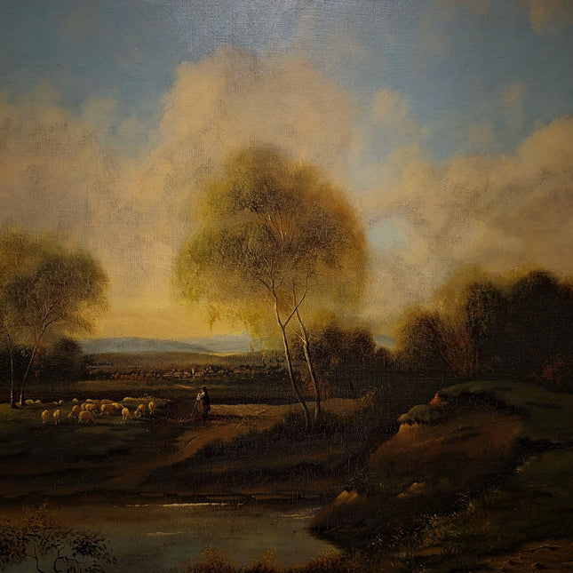 Vintage Dutch Pastoral Landscape Oil Painting, Signed Sheep Countryside Artwork, Rustic Wall Art, Collectible Framed Farmhouse Decor
