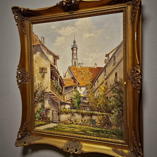 Large Vintage German Townscape Oil Painting, Old European Village Signed Artwork, Framed Architectural Landscape, Cottagecore Wall Decor