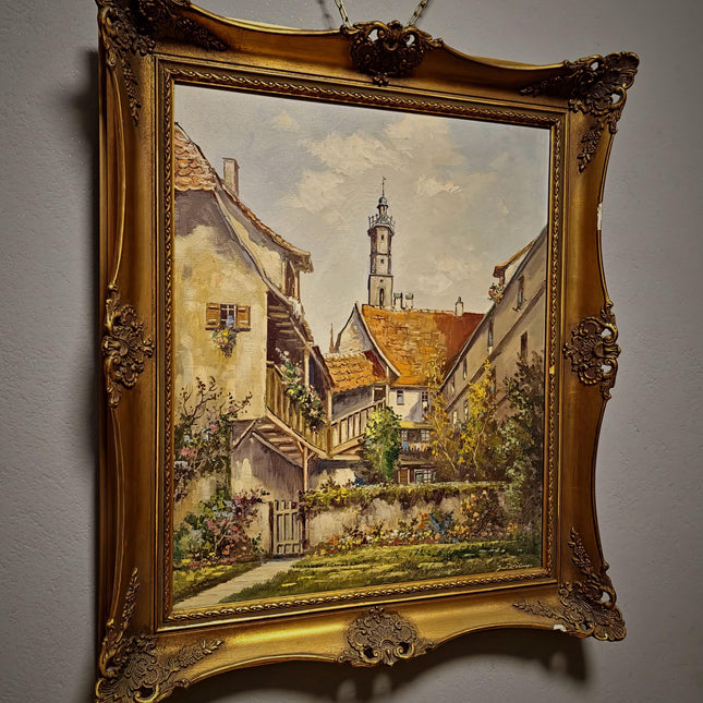 Large Vintage German Townscape Oil Painting, Old European Village Signed Artwork, Framed Architectural Landscape, Cottagecore Wall Decor