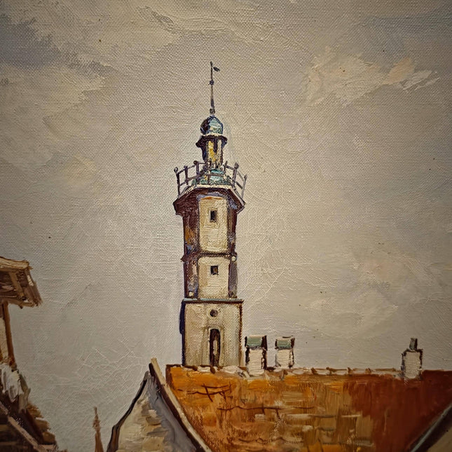 Large Vintage German Townscape Oil Painting, Old European Village Signed Artwork, Framed Architectural Landscape, Cottagecore Wall Decor