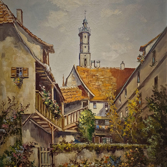 Large Vintage German Townscape Oil Painting, Old European Village Signed Artwork, Framed Architectural Landscape, Cottagecore Wall Decor