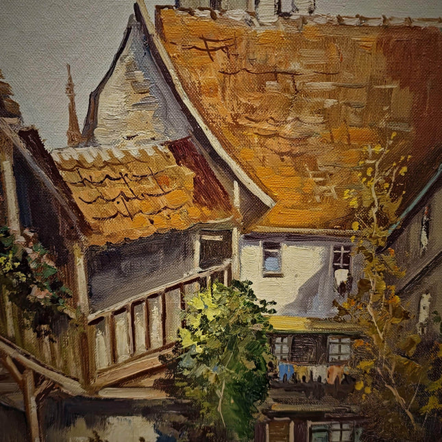 Large Vintage German Townscape Oil Painting, Old European Village Signed Artwork, Framed Architectural Landscape, Cottagecore Wall Decor