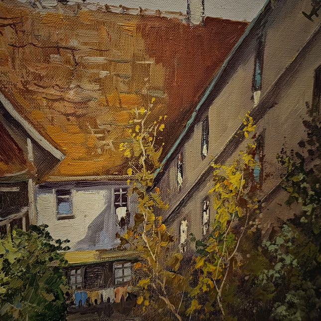 Large Vintage German Townscape Oil Painting, Old European Village Signed Artwork, Framed Architectural Landscape, Cottagecore Wall Decor