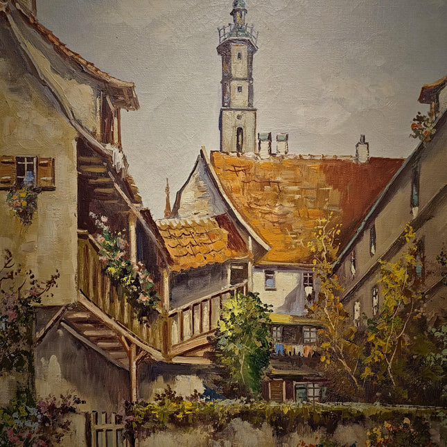 Large Vintage German Townscape Oil Painting, Old European Village Signed Artwork, Framed Architectural Landscape, Cottagecore Wall Decor