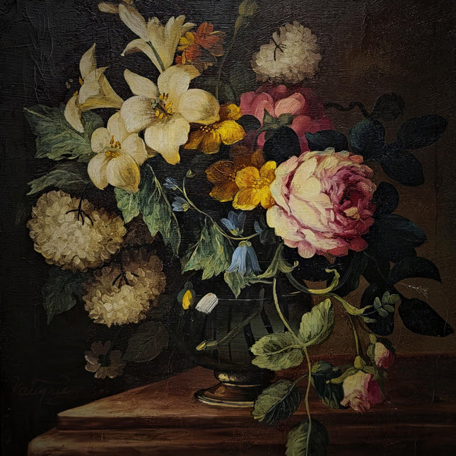 Vintage French Floral Still Life Oil Painting, Original Moody Rose Lily Artwork, Framed Dark Academia Decor, Romantic Cottage Wall Art