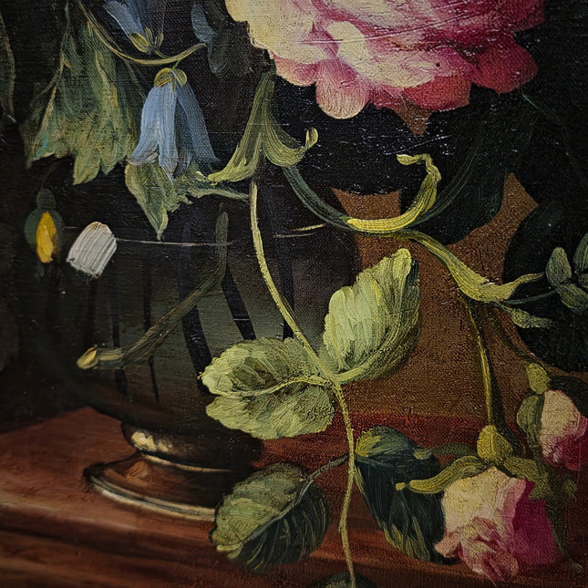 Vintage French Floral Still Life Oil Painting, Original Moody Rose Lily Artwork, Framed Dark Academia Decor, Romantic Cottage Wall Art