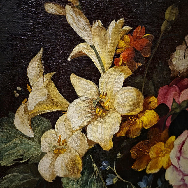 Vintage French Floral Still Life Oil Painting, Original Moody Rose Lily Artwork, Framed Dark Academia Decor, Romantic Cottage Wall Art