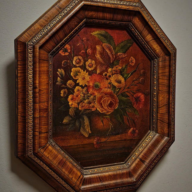 Vintage Old Master Floral Still Life Oil Painting, Octagonal Wall Art, Moody Flower Artwork, Dark Academia Decor, Victorian Frame