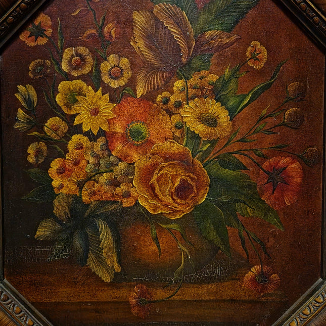 Vintage Old Master Floral Still Life Oil Painting, Octagonal Wall Art, Moody Flower Artwork, Dark Academia Decor, Victorian Frame