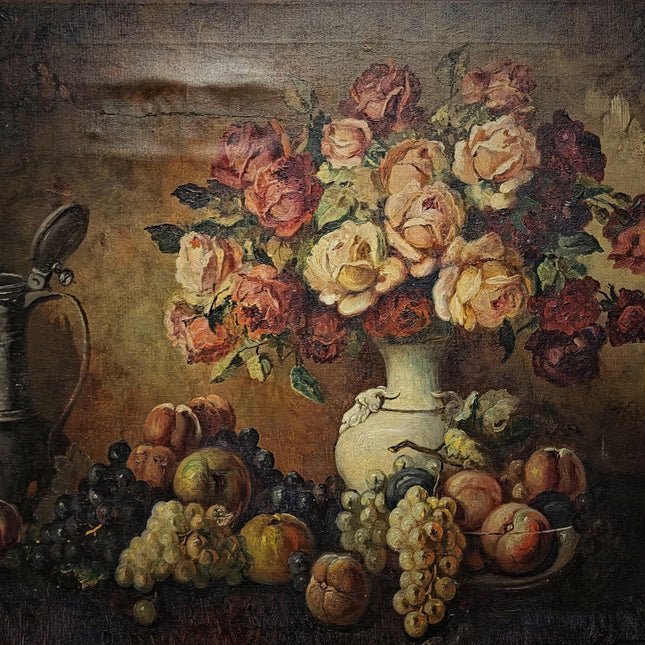 Large Antique Dutch Still Life Oil Painting, Signed Flemish Floral Fruit Artwork, Old Master Decor, Dark Academia Wall Art, Framed Vintage