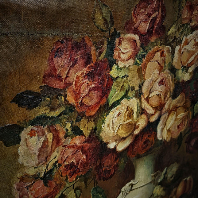 Large Antique Dutch Still Life Oil Painting, Signed Flemish Floral Fruit Artwork, Old Master Decor, Dark Academia Wall Art, Framed Vintage