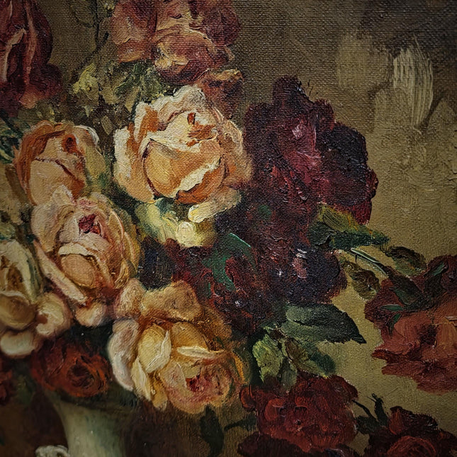 Large Antique Dutch Still Life Oil Painting, Signed Flemish Floral Fruit Artwork, Old Master Decor, Dark Academia Wall Art, Framed Vintage