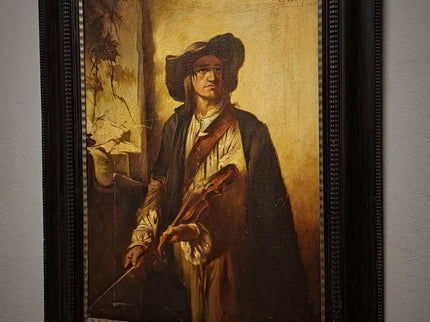 Large Antique Violin Player Oil Painting, Old Master Style Musician Artwork, Dark Academia Wall Art, Baroque Portrait, Framed Gothic Decor
