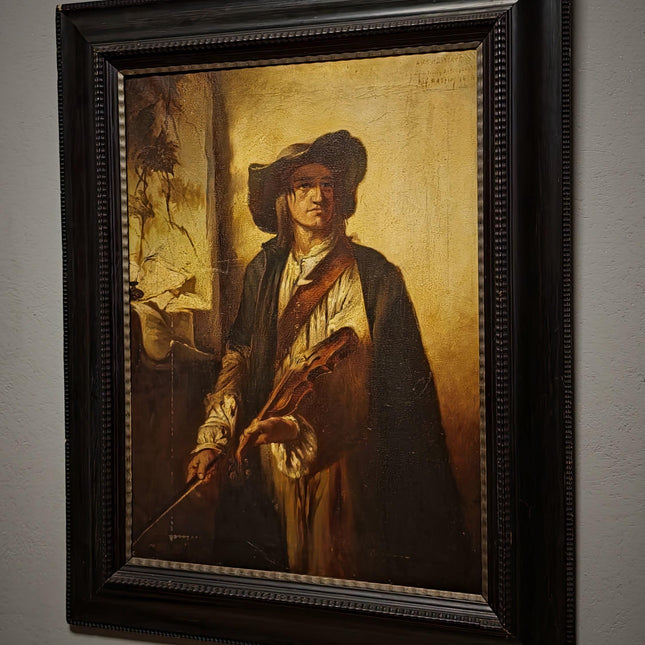 Large Antique Violin Player Oil Painting, Old Master Style Musician Artwork, Dark Academia Wall Art, Baroque Portrait, Framed Gothic Decor