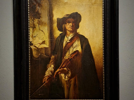 Large Antique Violin Player Oil Painting, Old Master Style Musician Artwork, Dark Academia Wall Art, Baroque Portrait, Framed Gothic Decor