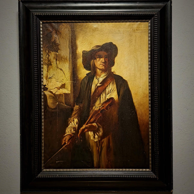 Large Antique Violin Player Oil Painting, Old Master Style Musician Artwork, Dark Academia Wall Art, Baroque Portrait, Framed Gothic Decor